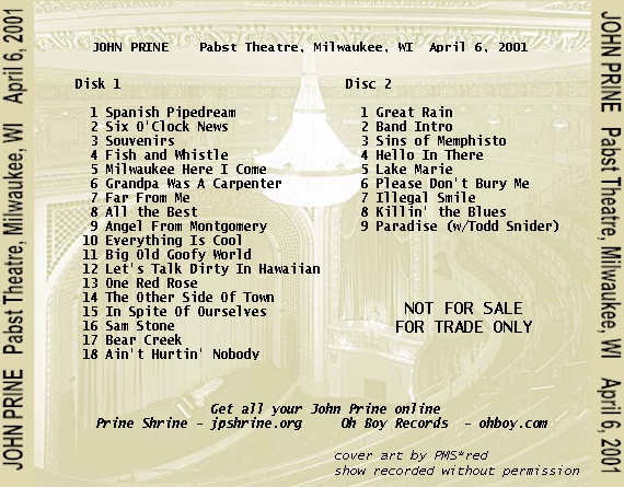 John Prine cover art for July 28, 2001 John Prine and Todd Snider cover art for the Pabst Theater in Milwaukee Wi - Back